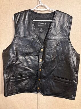 Men's Black Leather Vest - 2x genuine leather biker vest